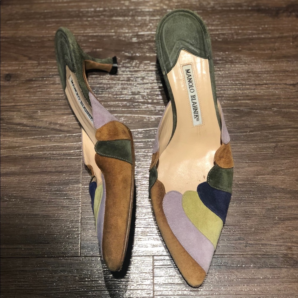 Manolo Blahnik Multicolor Suede Kitten Heel Mules - Picture 3 of 4